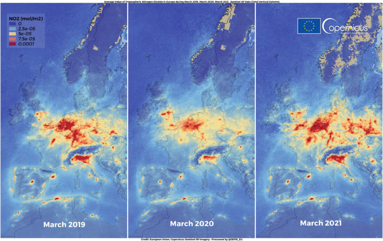 Přečtete si více ze článku Satelitní snímky – koncentrace NO<sub>2</sub> v Evropě po propadu při vypuknutí pandemie opět na běžných hodnotách